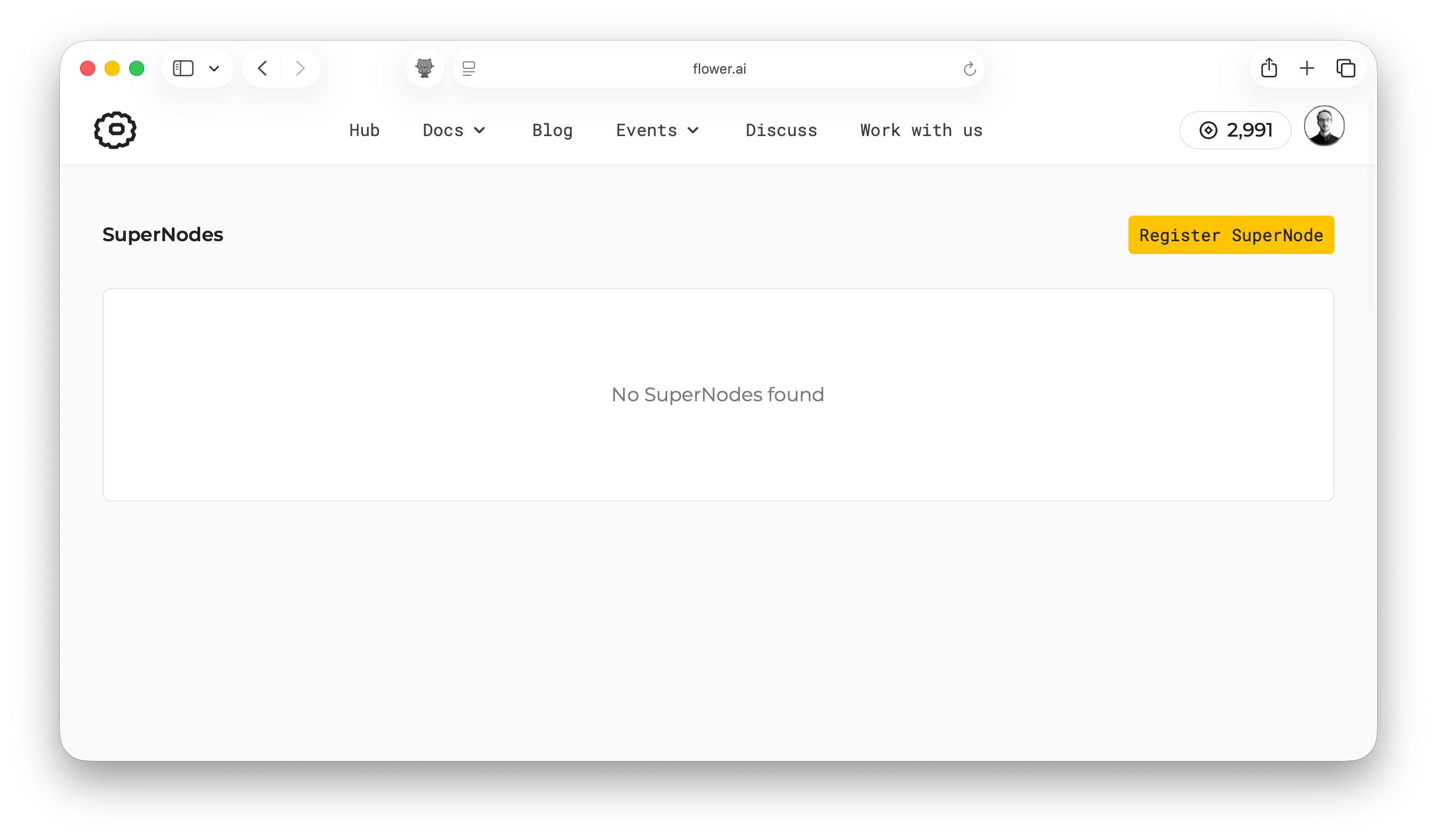 SuperNodes page before registering a SuperNode