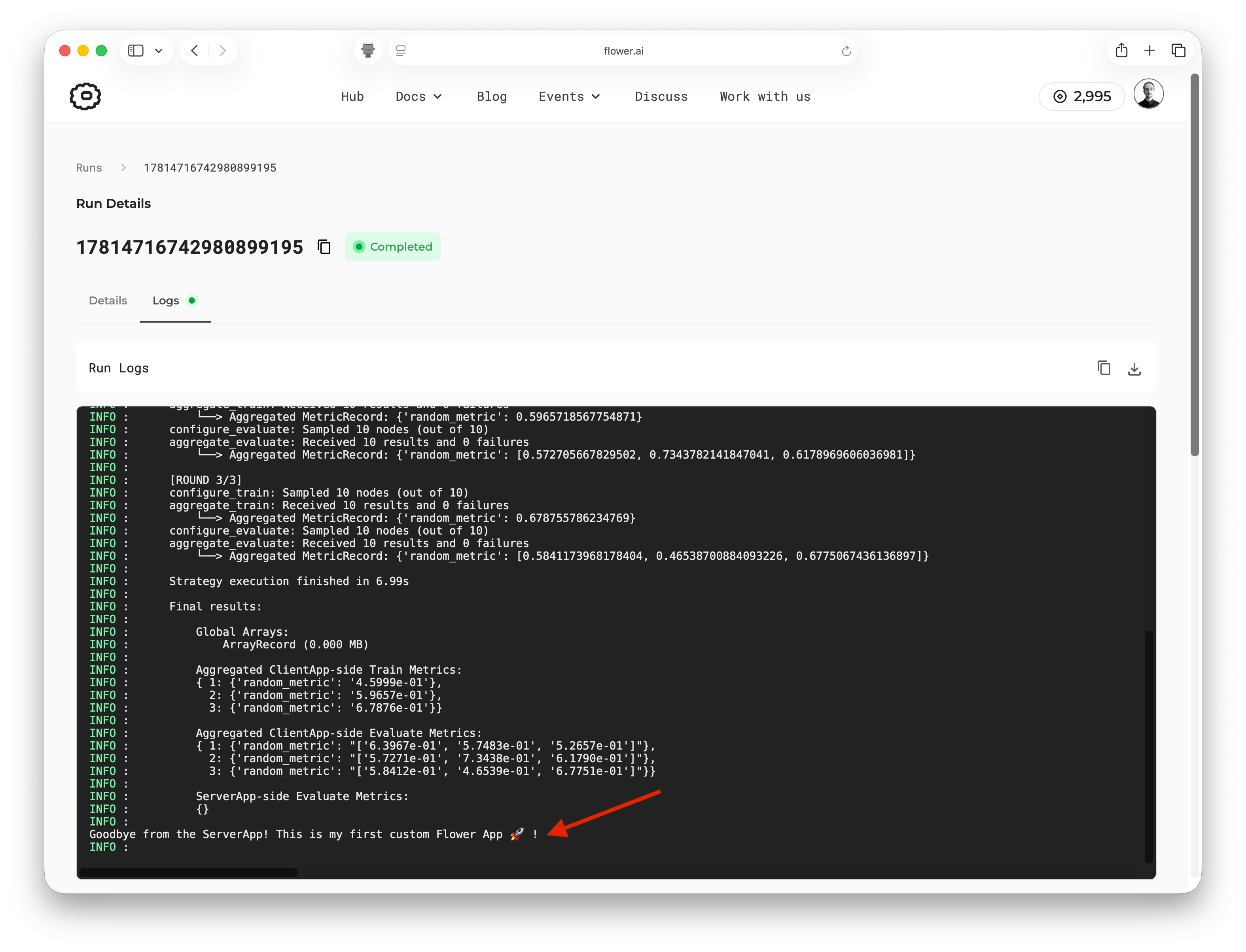 SuperGrid run logs showing the custom ServerApp print statements